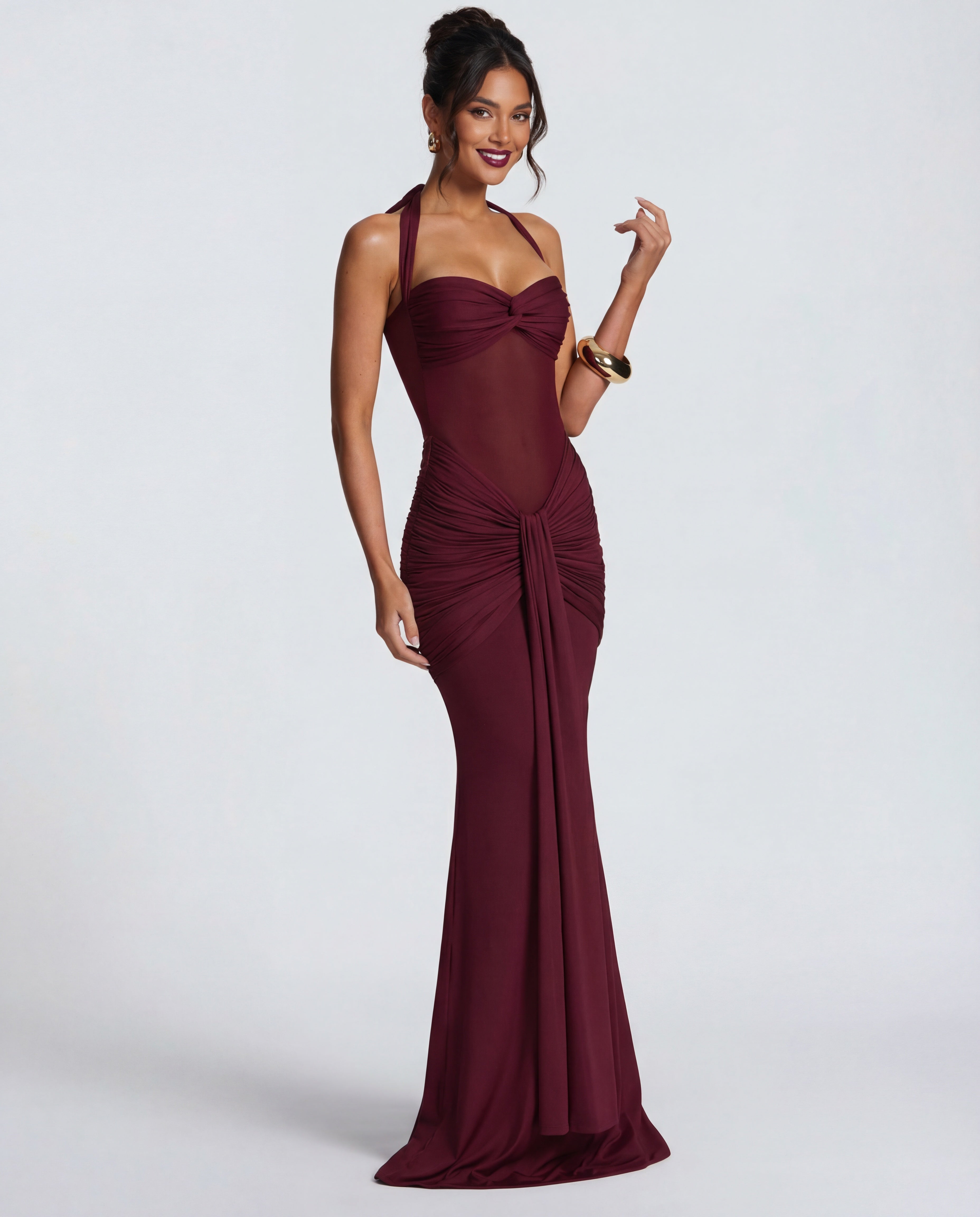 Women's Bodycon Halter Neck Maxi Dress with Sheer Panel Detail