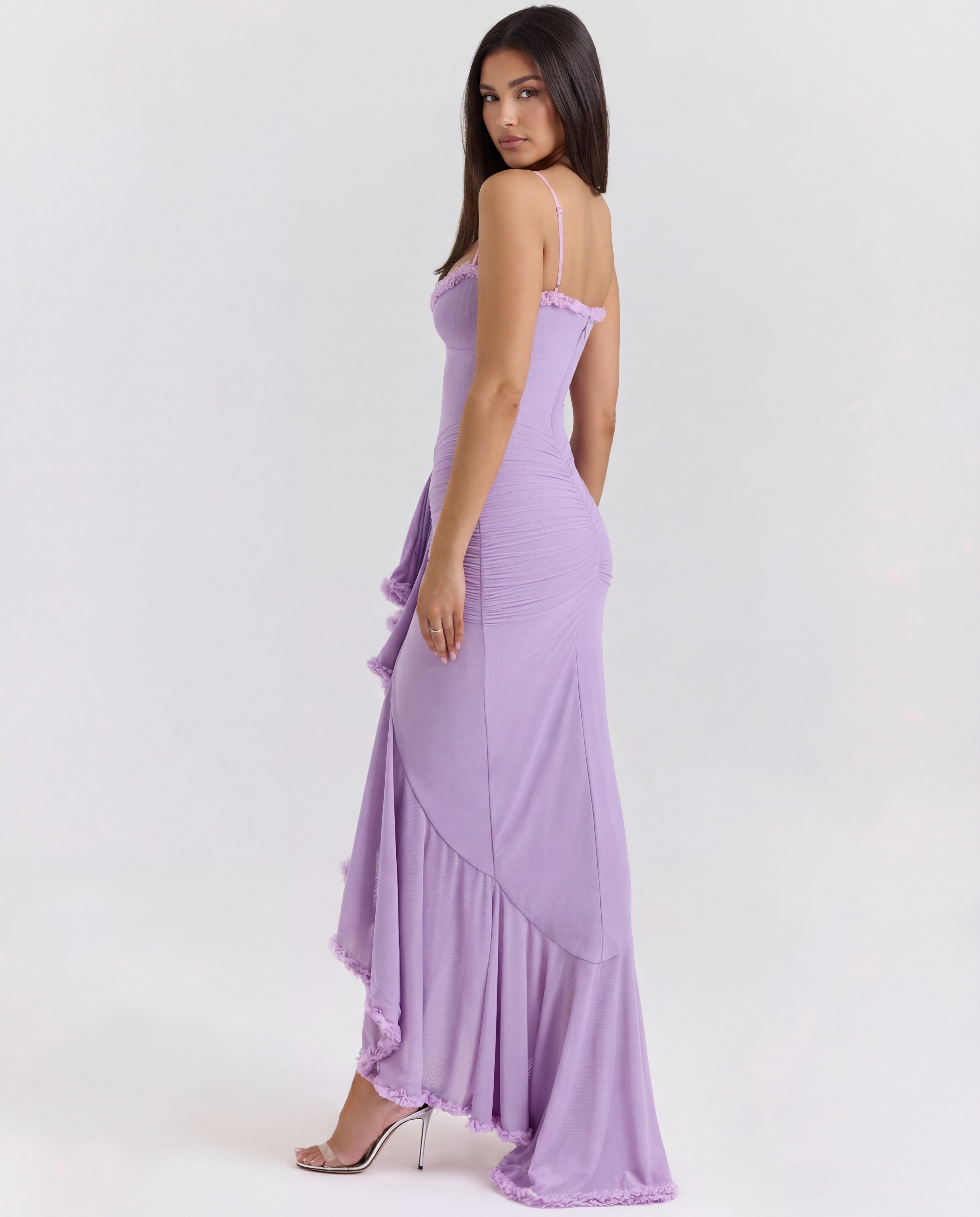 Women's Bodycon Maxi Dress Spaghetti Straps Ruffle Front Style