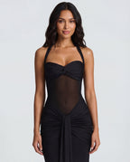 Women's Bodycon Halter Neck Maxi Dress with Sheer Panel Detail