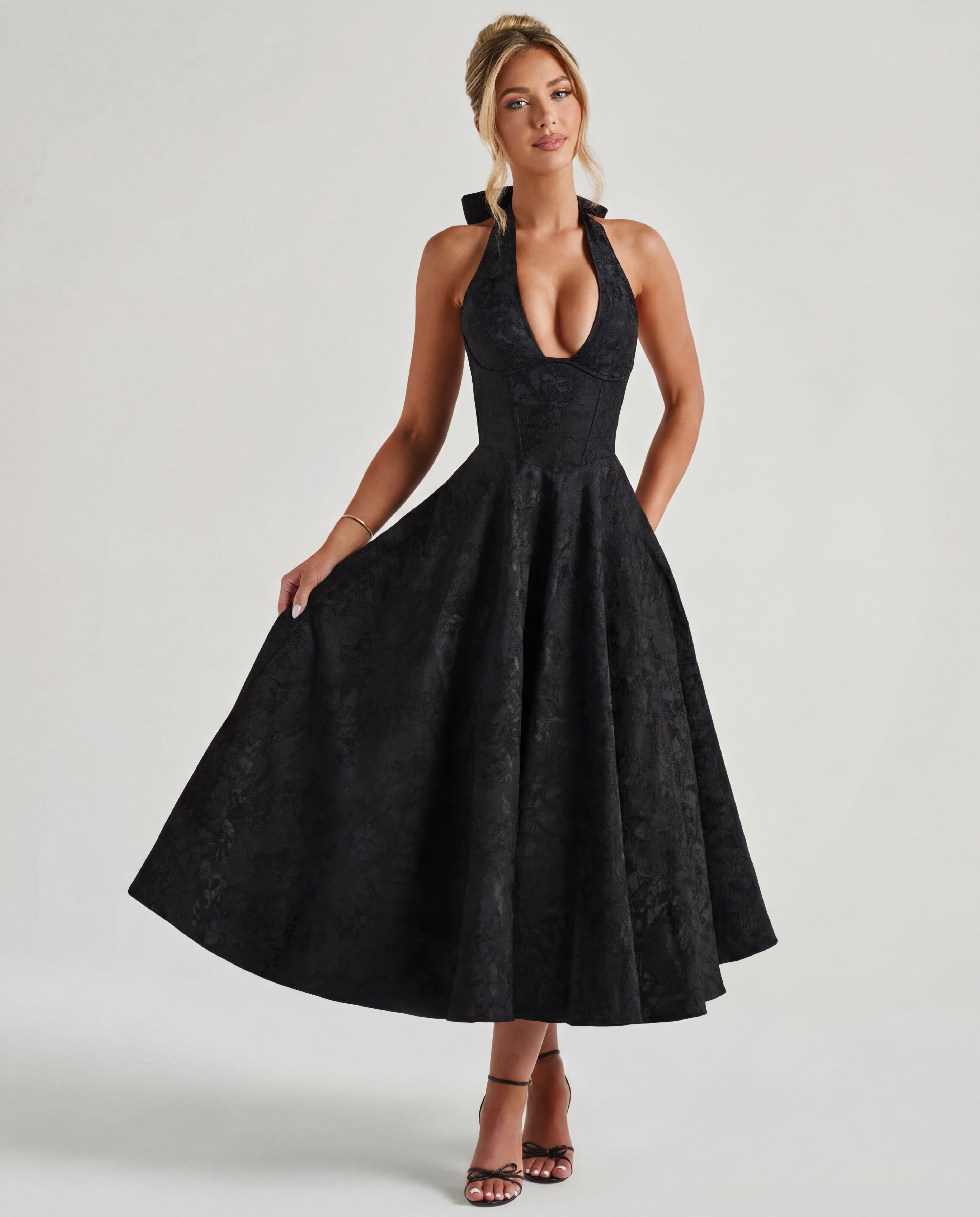Women's Tie Neck A Line Midi Dress