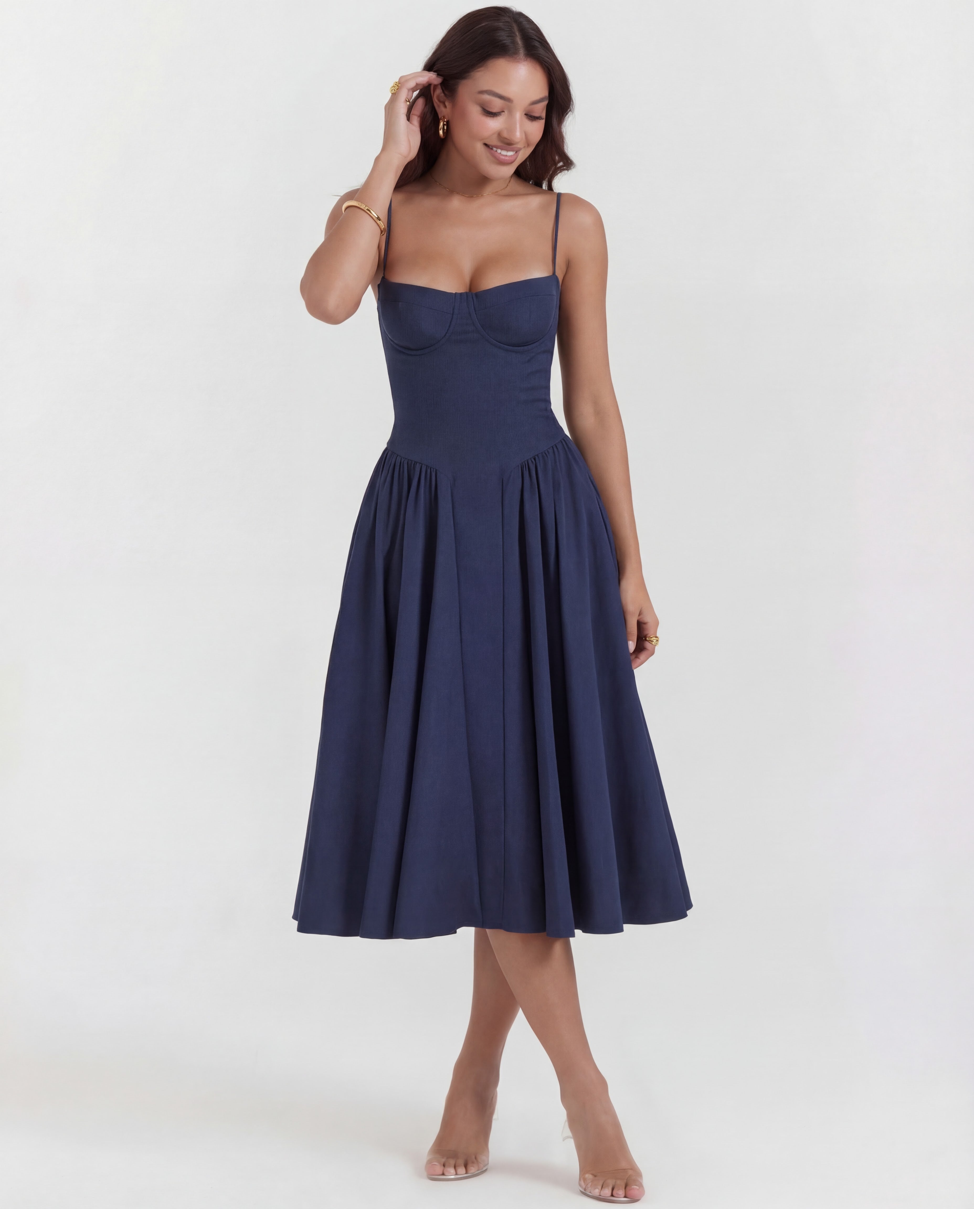Full Skirt Cami Midi Dress With Straps