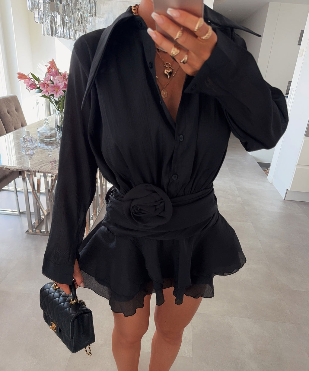 Collared Long Sleeve Mini Dress With Belt