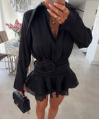 Collared Long Sleeve Mini Dress With Belt