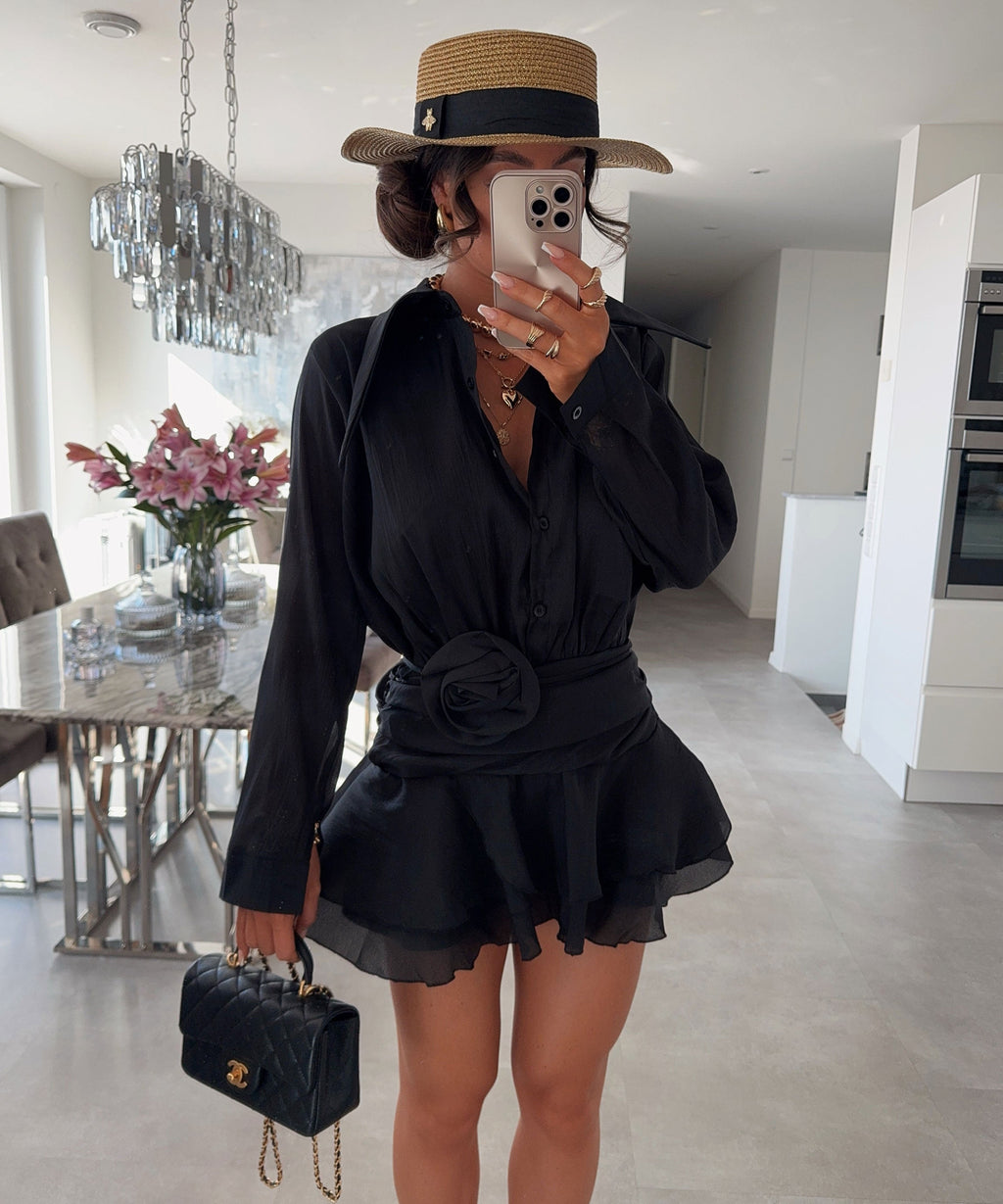 Collared Long Sleeve Mini Dress With Belt
