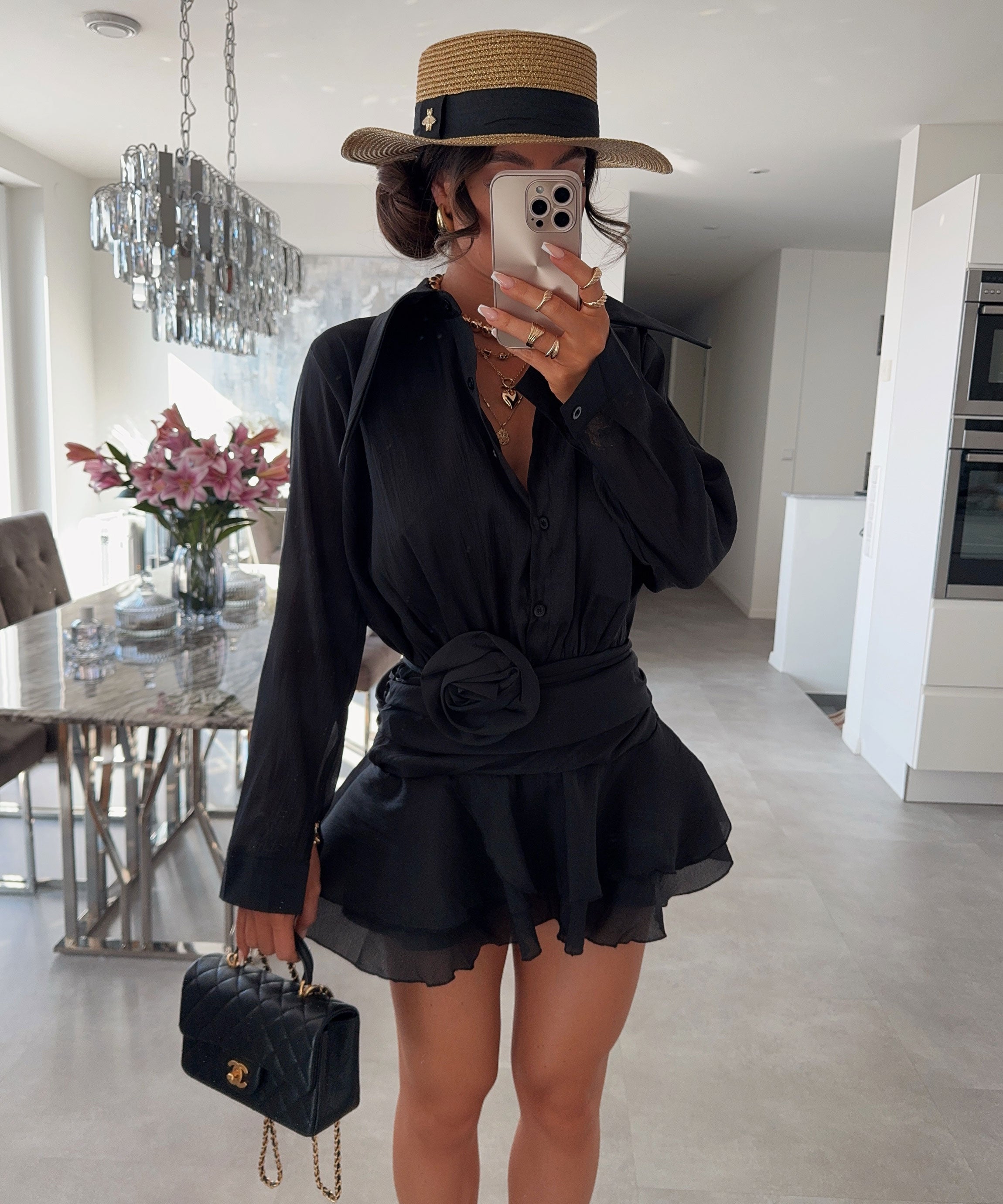 Collared Long Sleeve Mini Dress With Belt