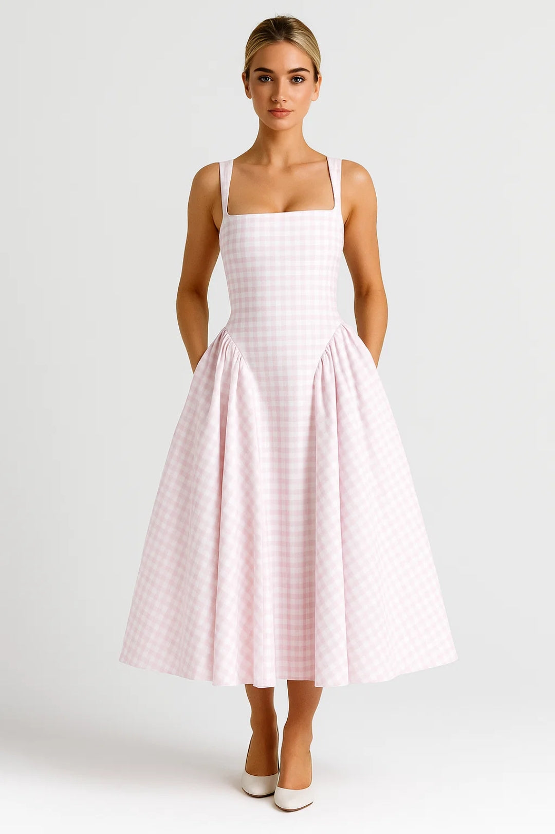 Women's Gingham Square Neck Midi Dress Main image