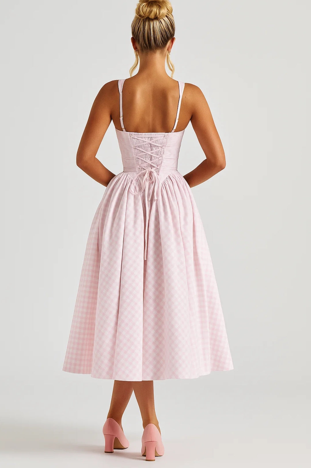 Women's Gingham Square Neck Midi Dress