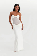 Women's Sheer Mesh Bodycon Maxi Dress with Strapless Bustier Design