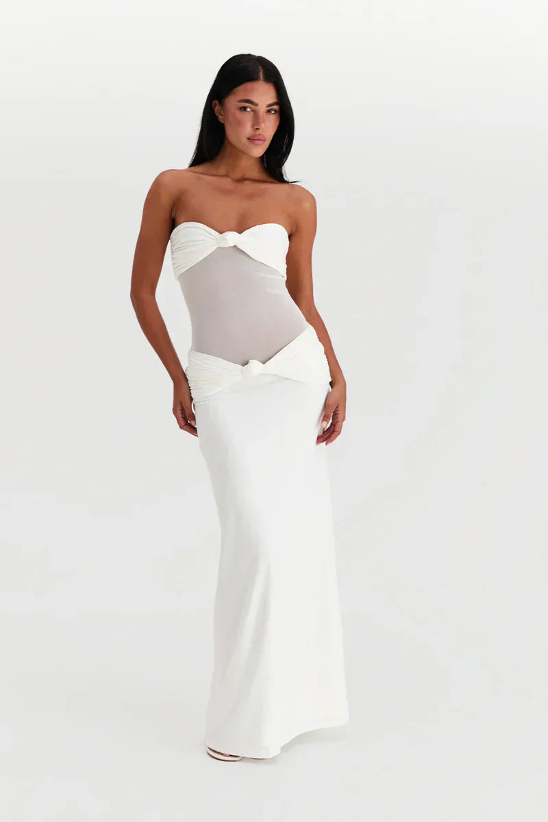 Women's Sheer Mesh Bodycon Maxi Dress with Strapless Bustier Design