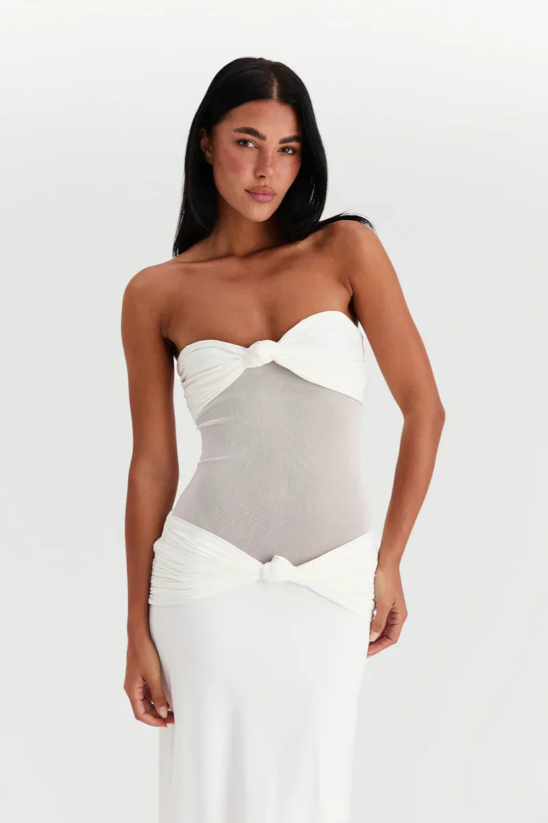 Women's Sheer Mesh Bodycon Maxi Dress with Strapless Bustier Design