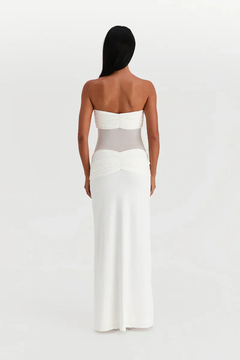 Women's Sheer Mesh Bodycon Maxi Dress with Strapless Bustier Design