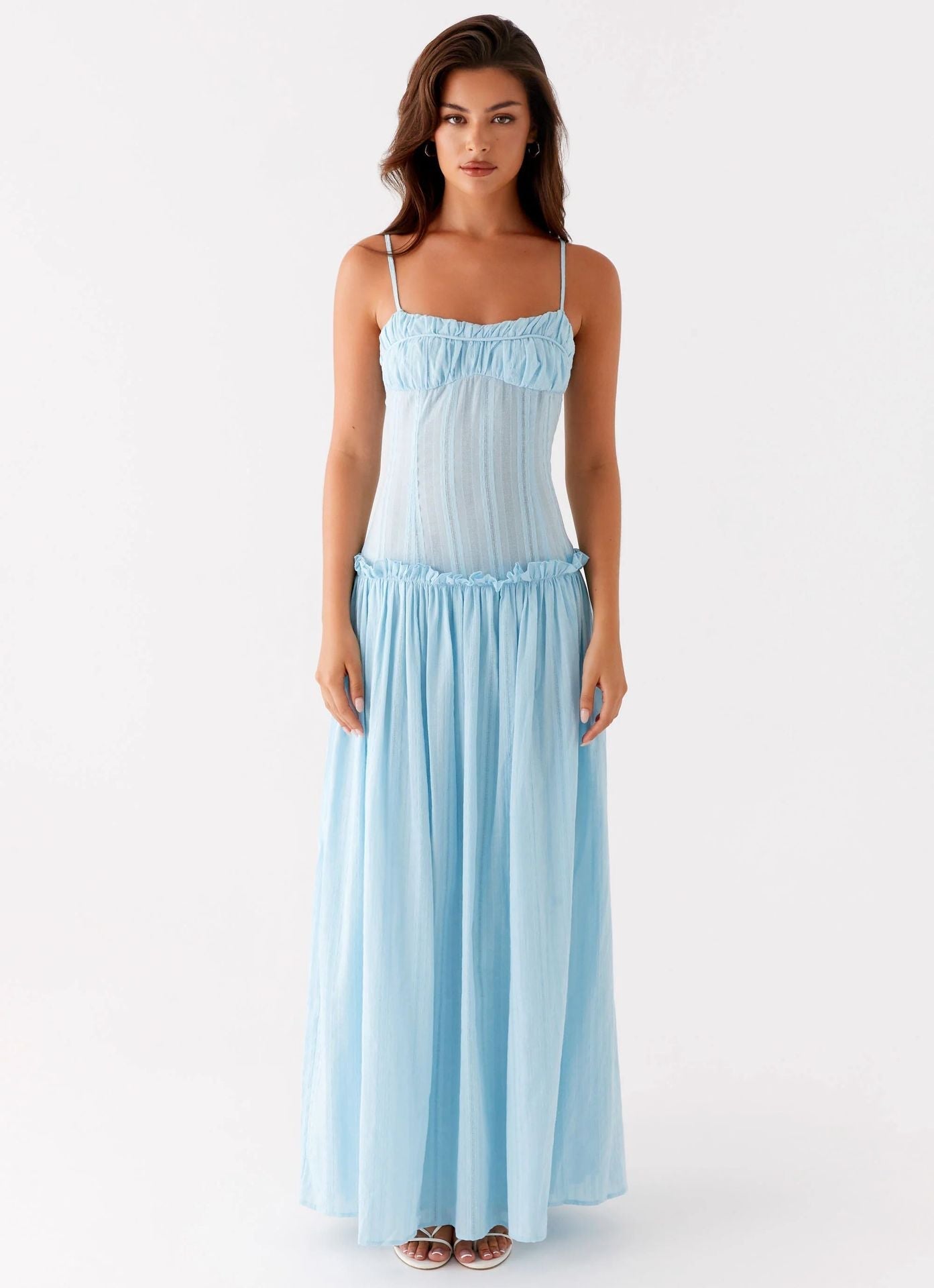 Women's Spaghetti Strap Flowing Maxi Dress with Gathered Bodice