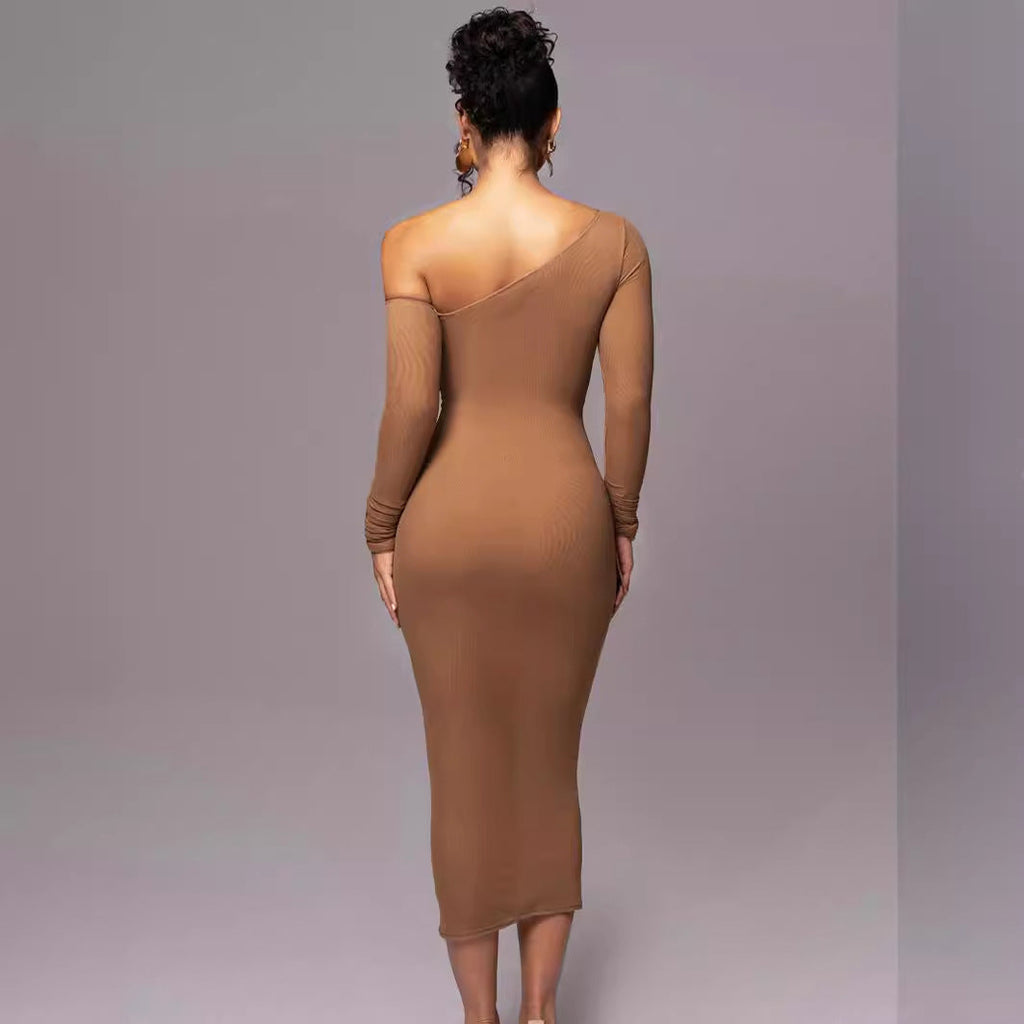 One Shoulder Bodycon Midi Dress With Ruching