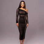 One Shoulder Bodycon Midi Dress With Ruching