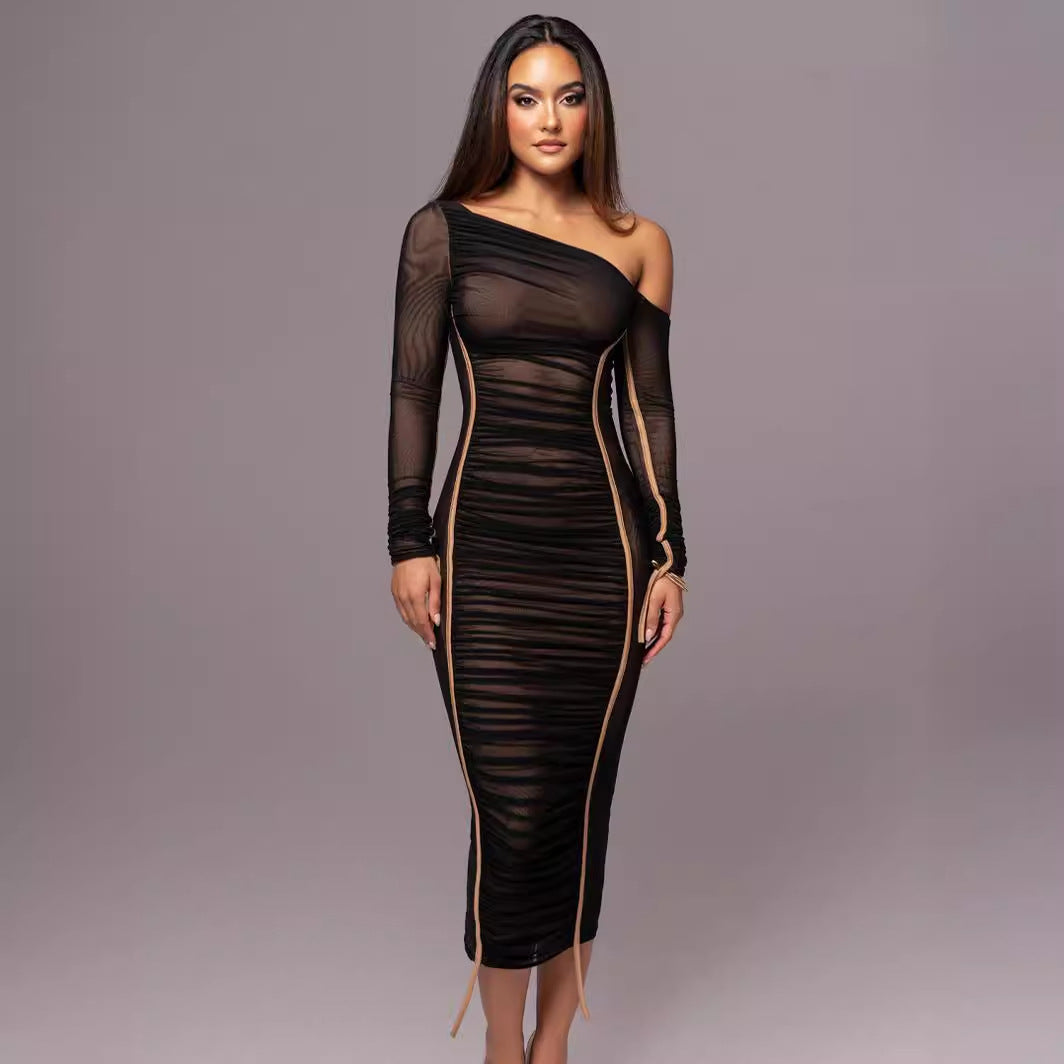 One Shoulder Bodycon Midi Dress With Ruching