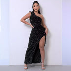 Women's Sequin Maxi Dress with One Shoulder Neckline and Split