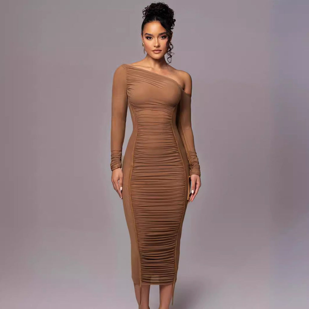 One Shoulder Bodycon Midi Dress With Ruching