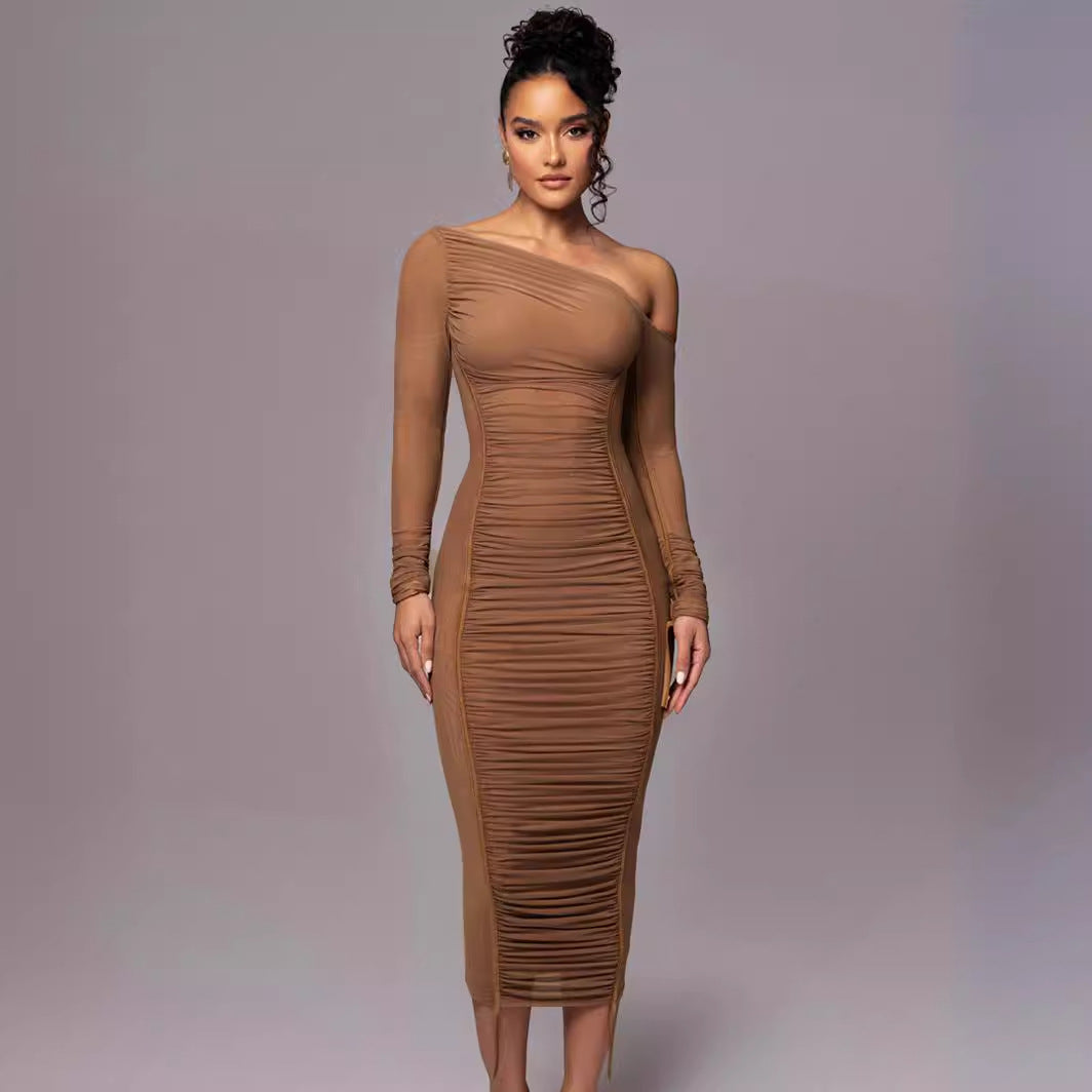 One Shoulder Bodycon Midi Dress With Ruching
