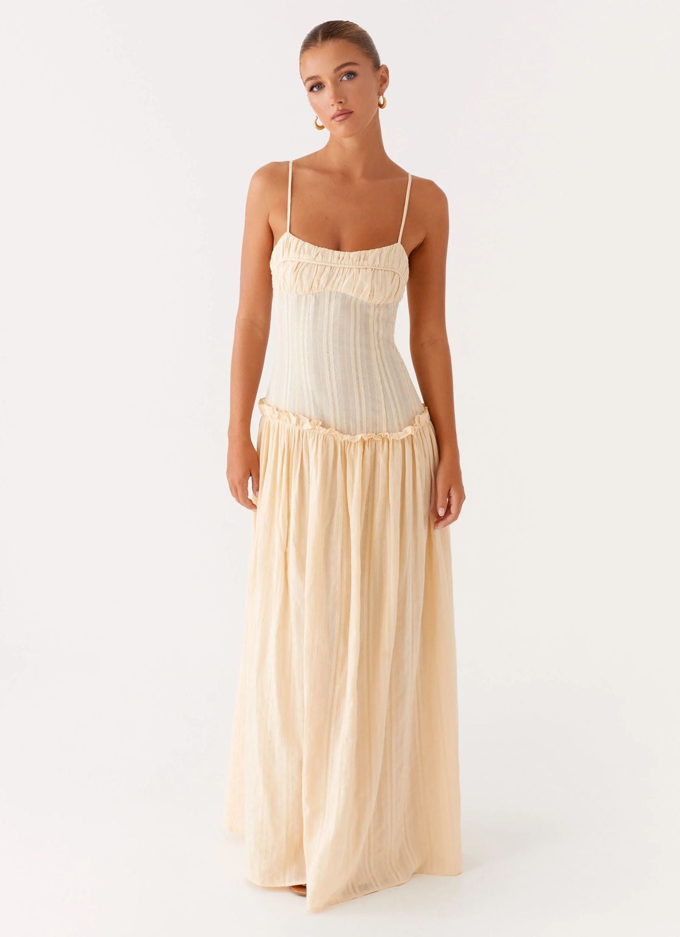 Women's Spaghetti Strap Flowing Maxi Dress with Gathered Bodice