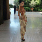 Women's Sleeveless Animal Print Halter Midi Dress Open Back Design
