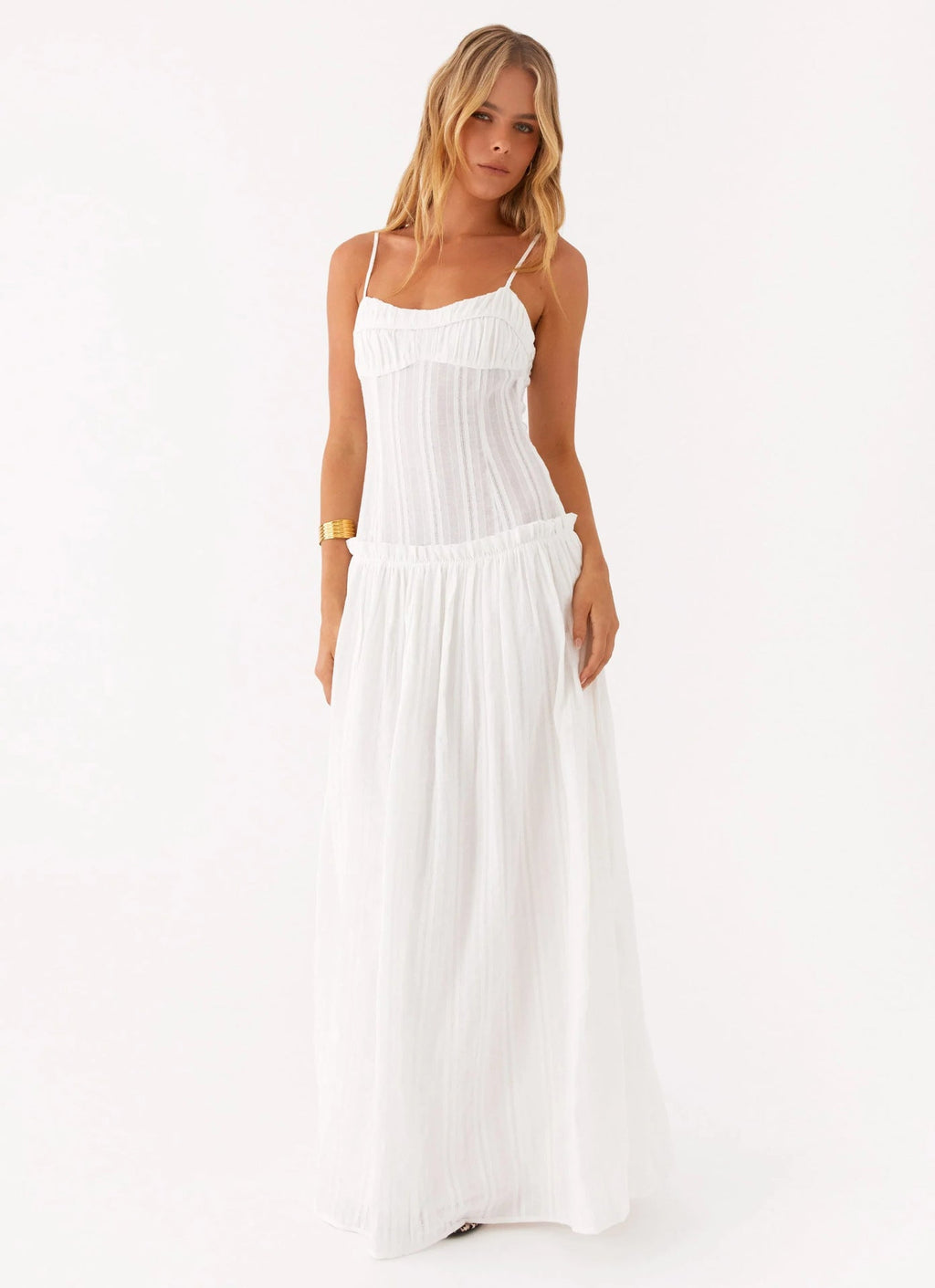 Women's Spaghetti Strap Flowing Maxi Dress with Gathered Bodice