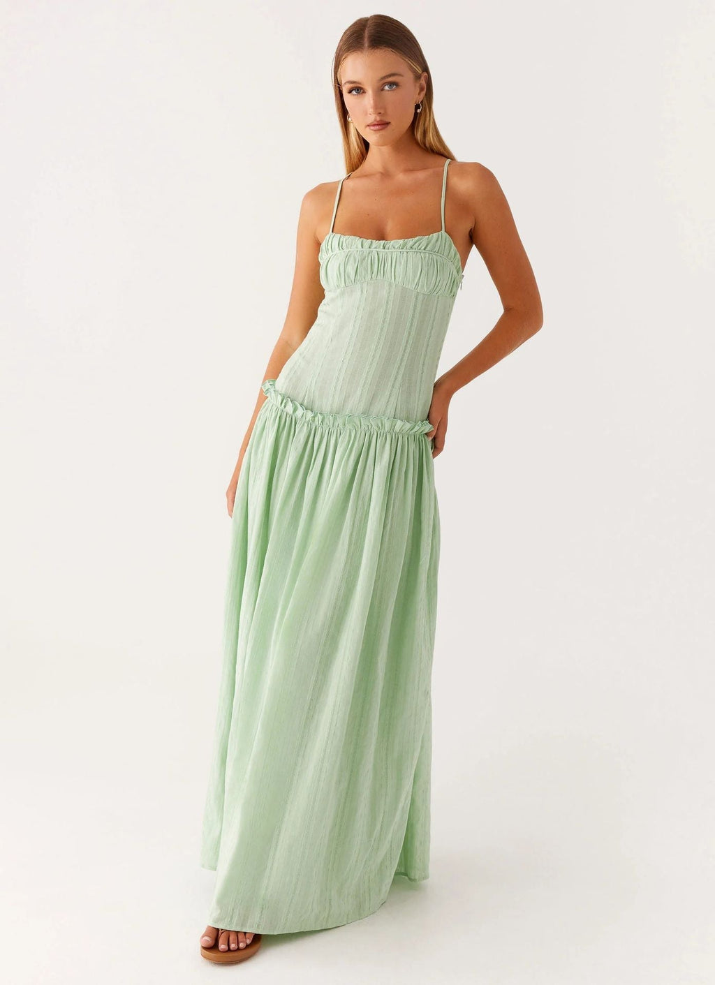Women's Spaghetti Strap Flowing Maxi Dress with Gathered Bodice