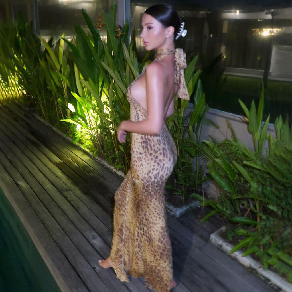 Women's Sleeveless Animal Print Halter Midi Dress Open Back Design