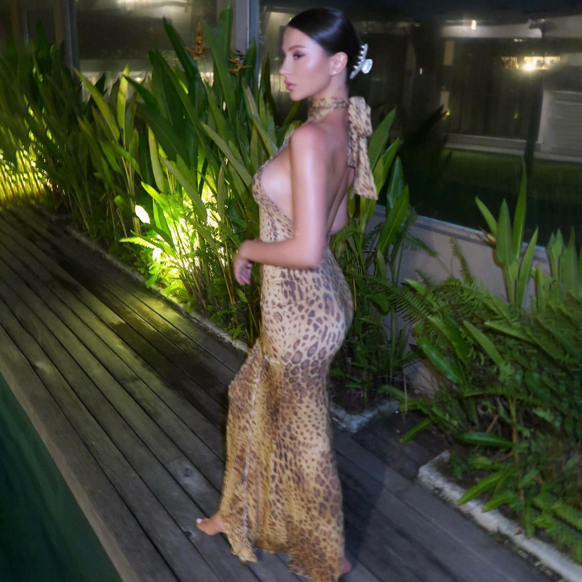 Women's Sleeveless Animal Print Halter Midi Dress Open Back Design