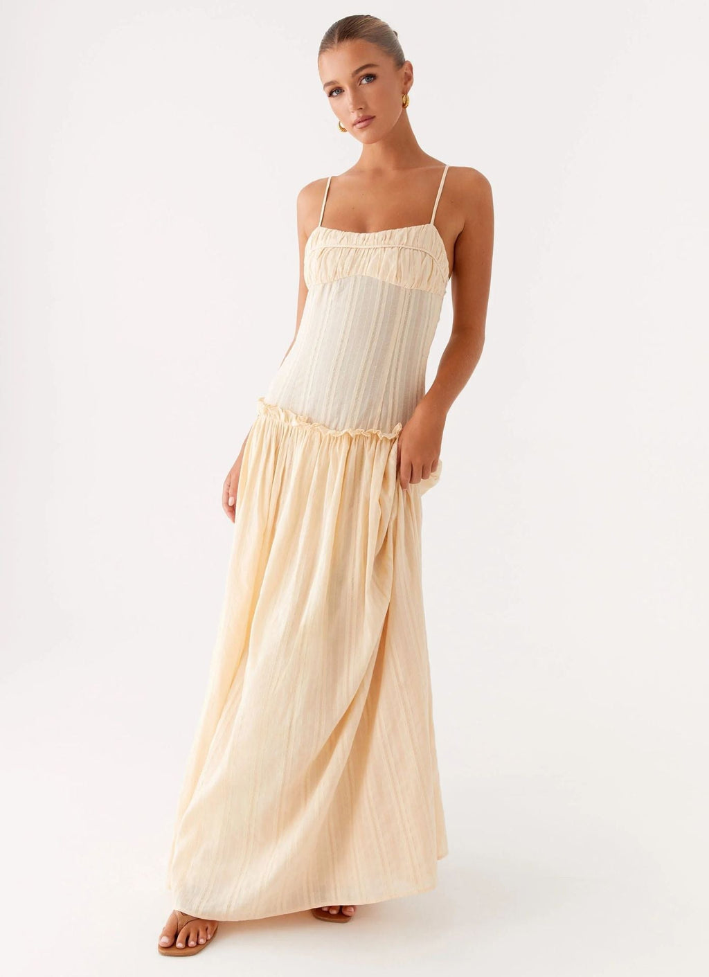 Women's Spaghetti Strap Flowing Maxi Dress with Gathered Bodice