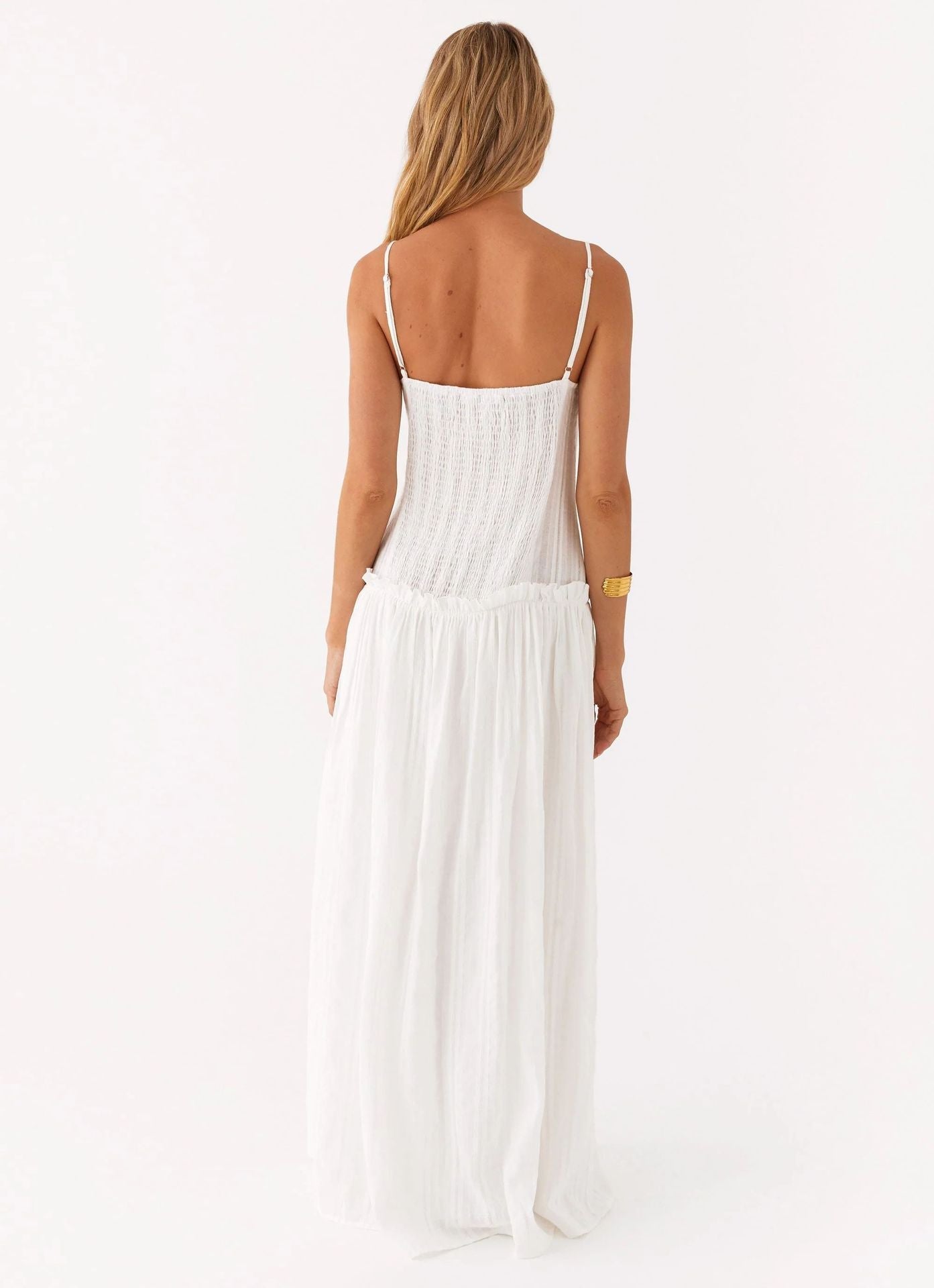 Women's Spaghetti Strap Flowing Maxi Dress with Gathered Bodice