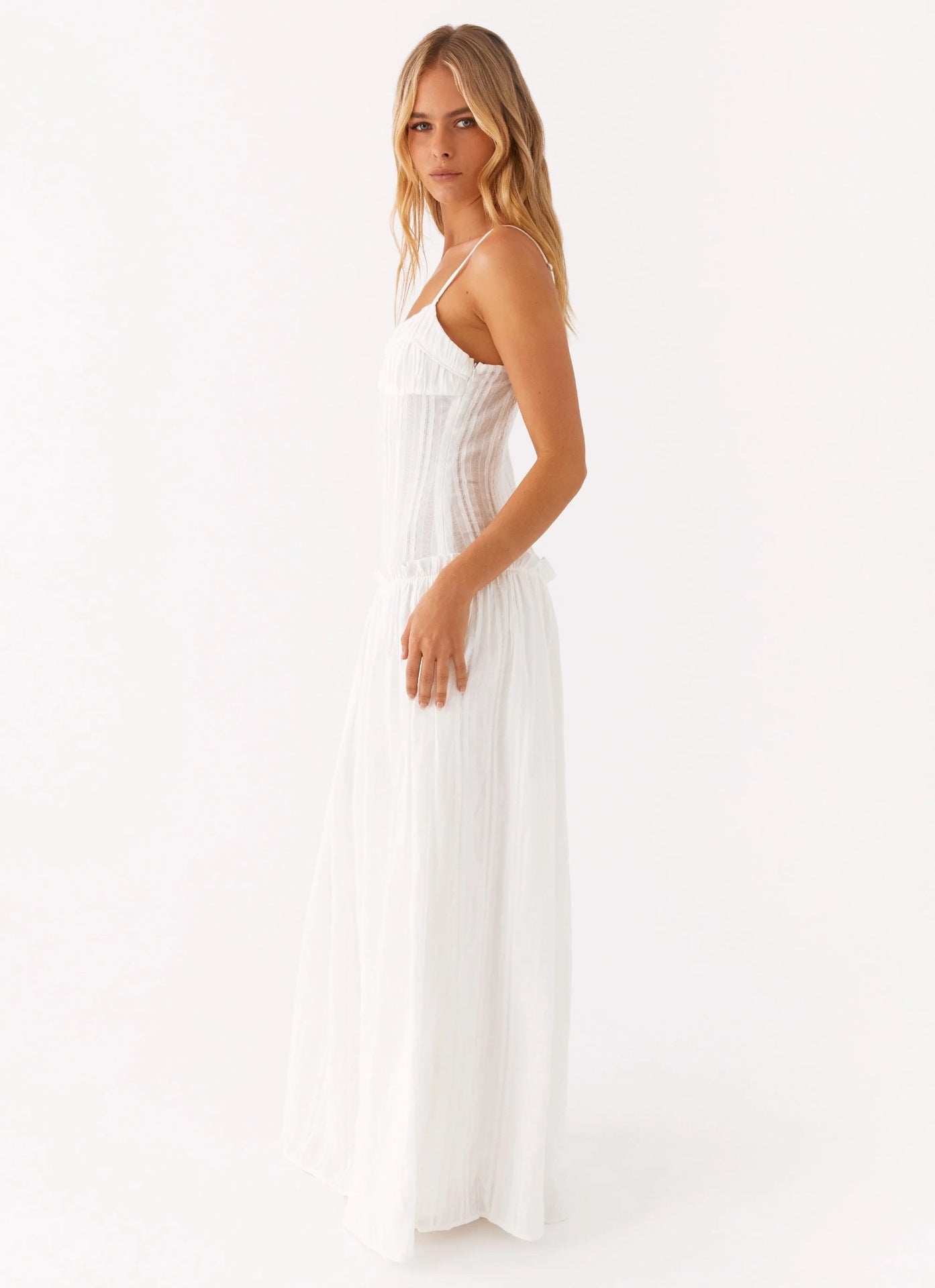 Women's Spaghetti Strap Flowing Maxi Dress with Gathered Bodice