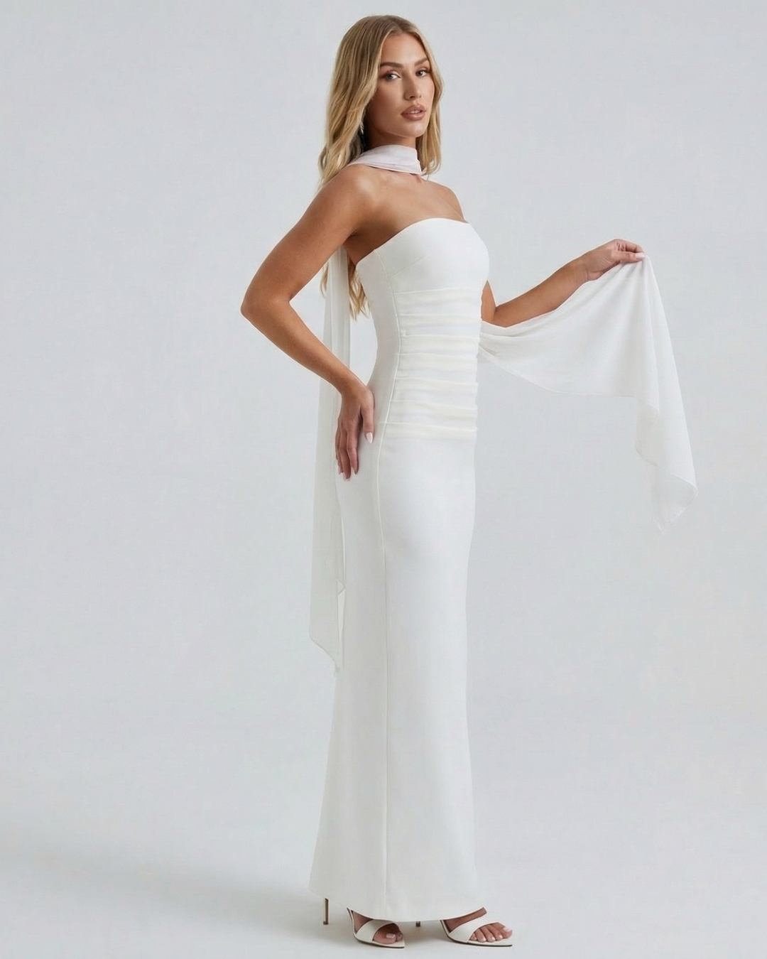 Women's Strapless Bodycon Maxi Dress with Matching Sheer Scarf Detail