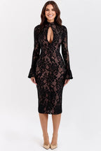 High Neck Lace Bodycon Midi Dress