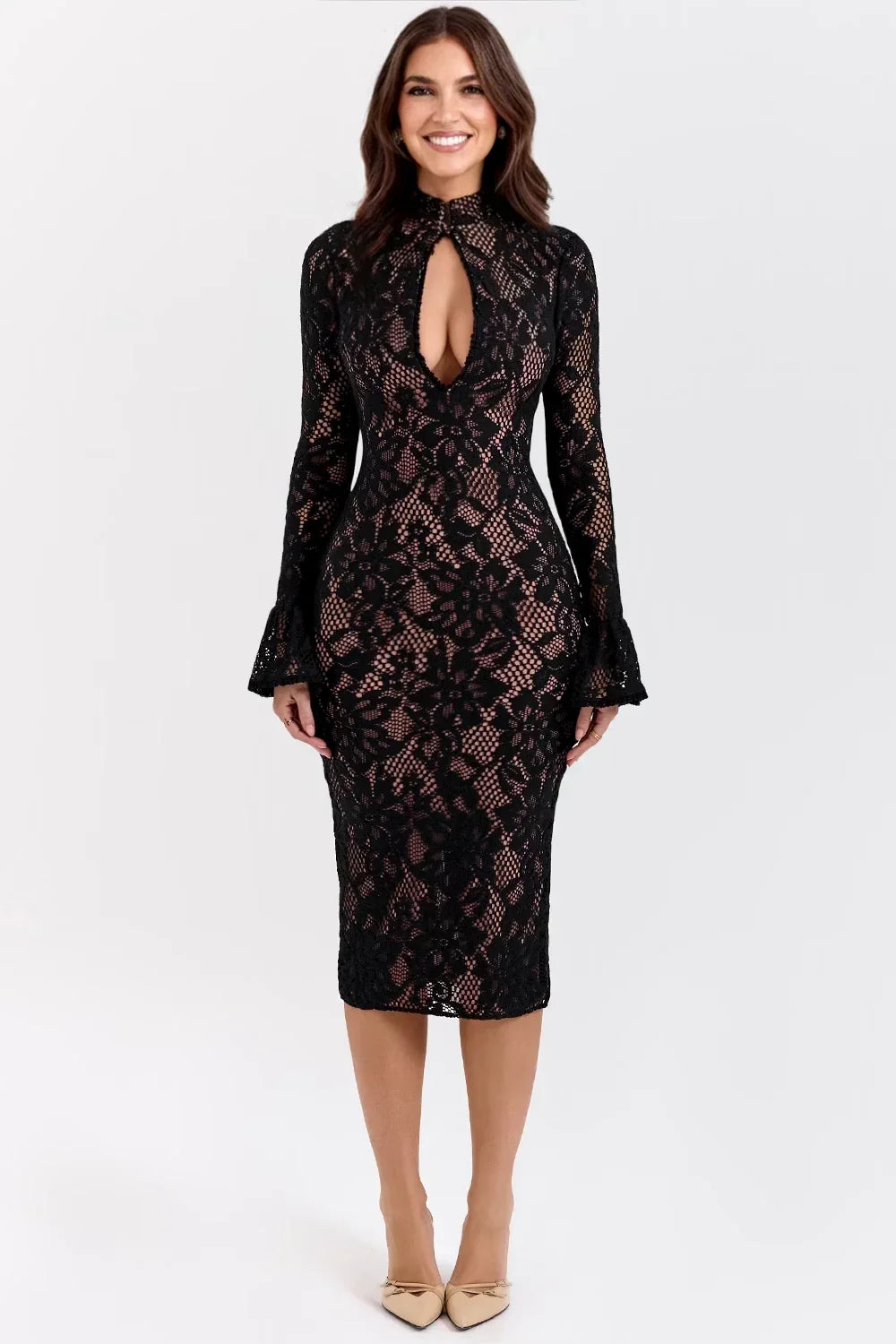 High Neck Lace Bodycon Midi Dress