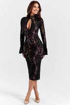 High Neck Lace Bodycon Midi Dress
