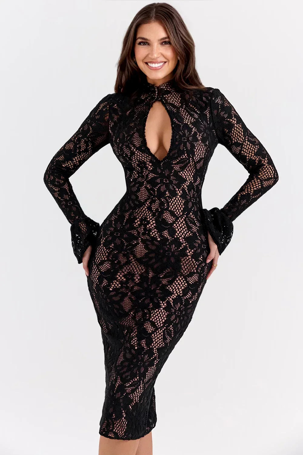 High Neck Lace Bodycon Midi Dress