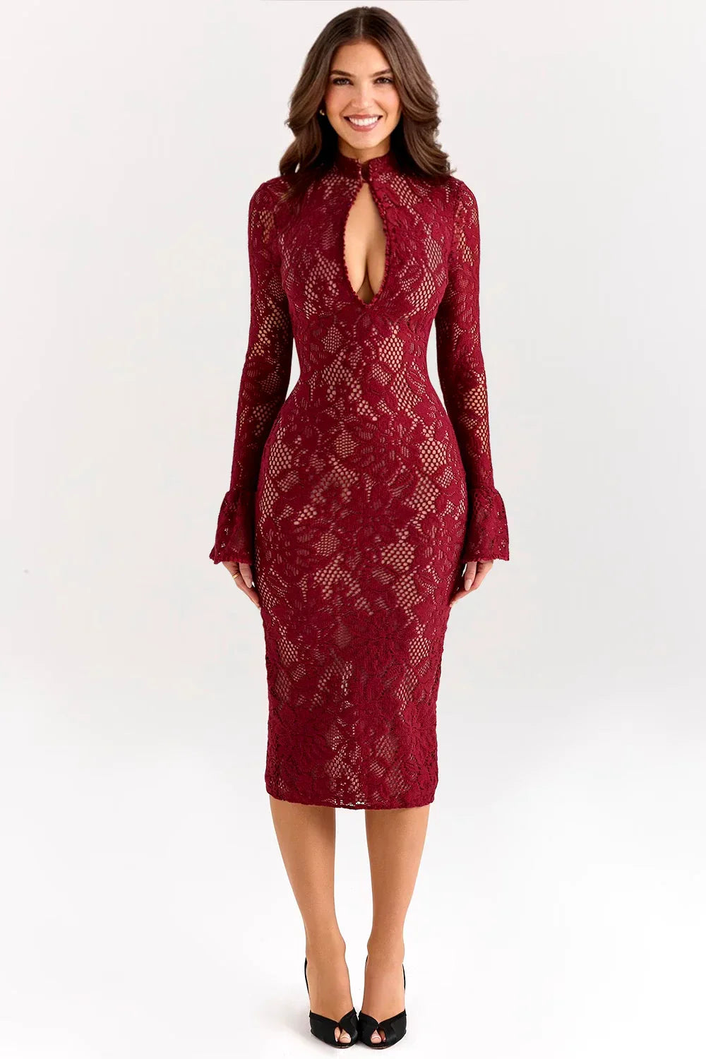 High Neck Lace Bodycon Midi Dress