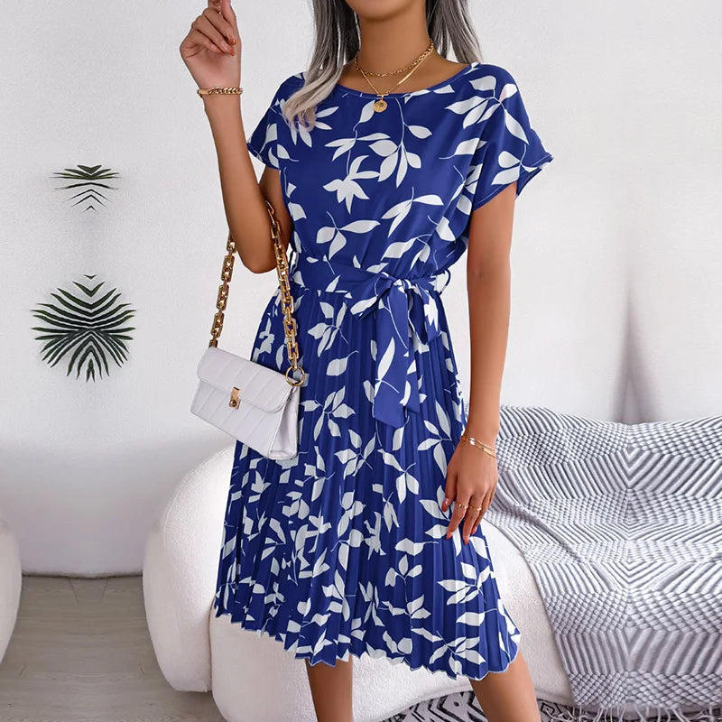 Women's Smocked Waist Printed Midi Swing Dress