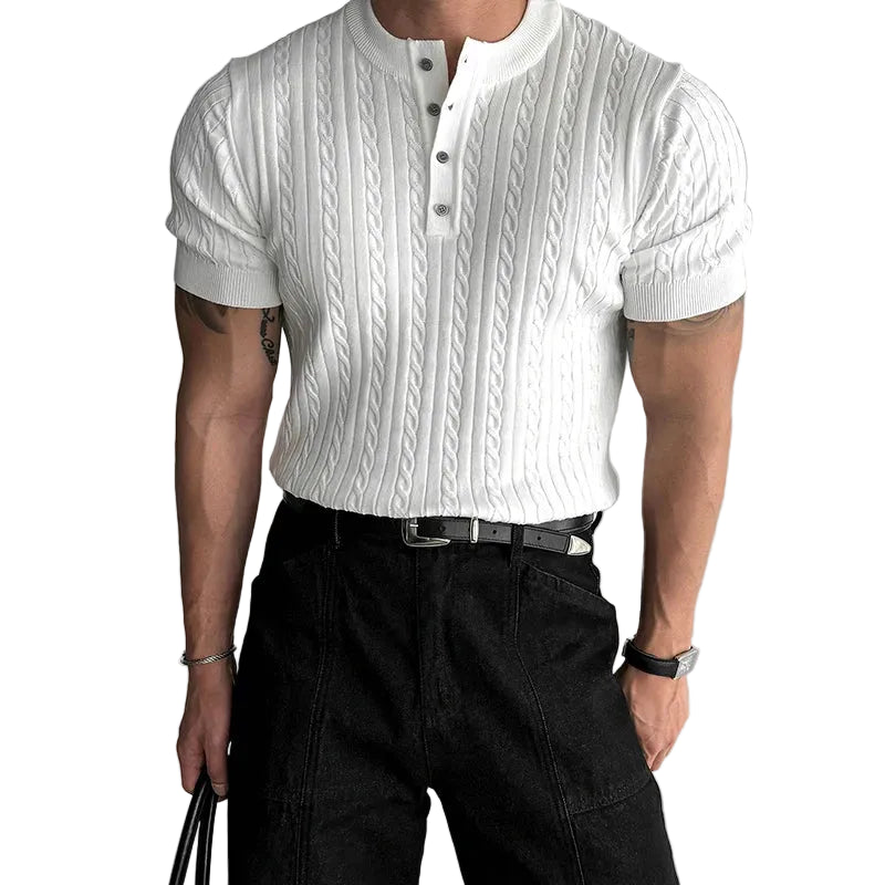 Mens Ribbed Texture Henley Polo Shirt