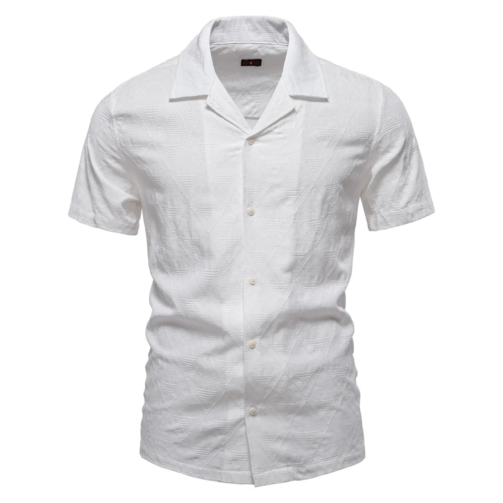 Men's Textured Button Front Camp Collar Shirt with Short Sleeves