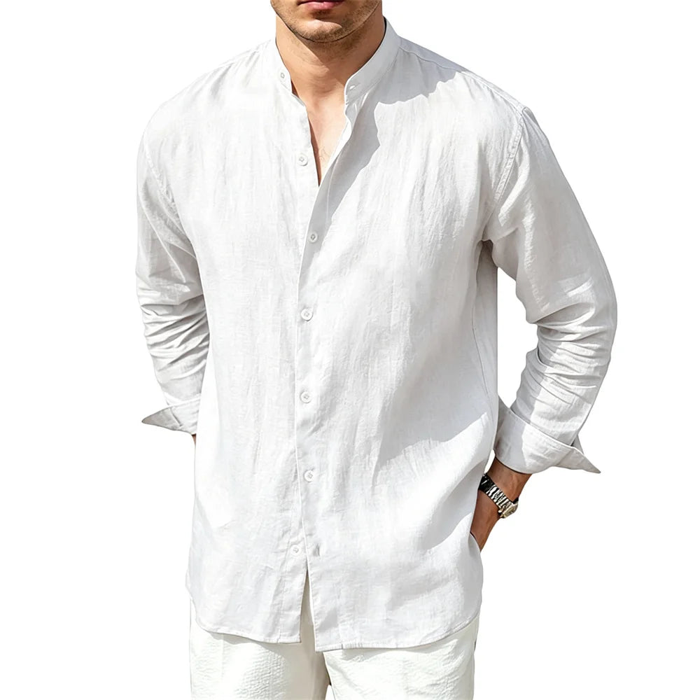 Men's Linen Button Front Mandarin Collar Shirt