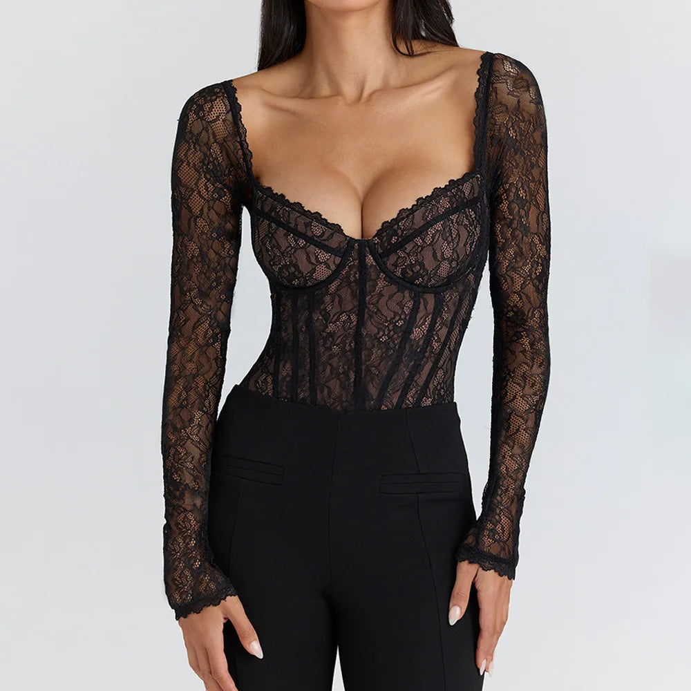 Sheer Lace Long Sleeve Bodysuit