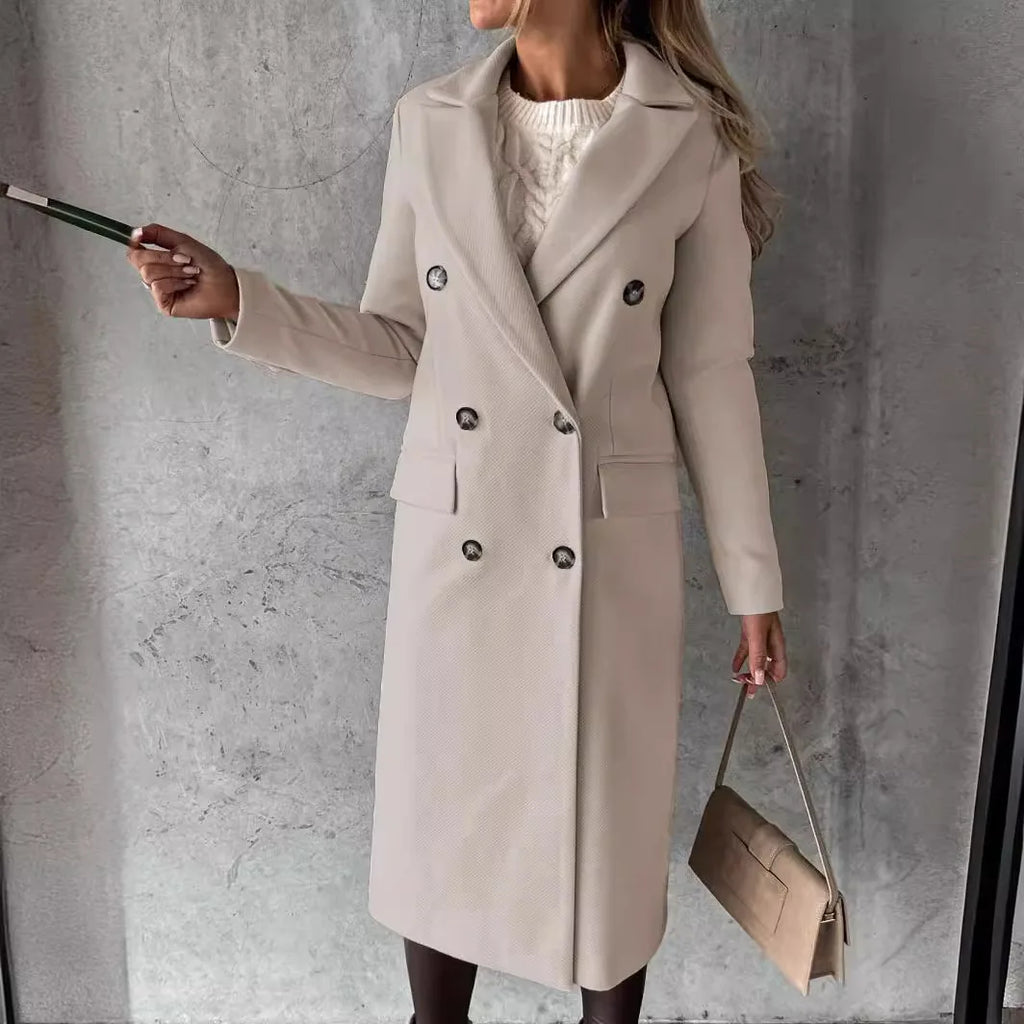 Women's Longline Double Breasted Coat – Long Sleeve Lapel Collar Button Front