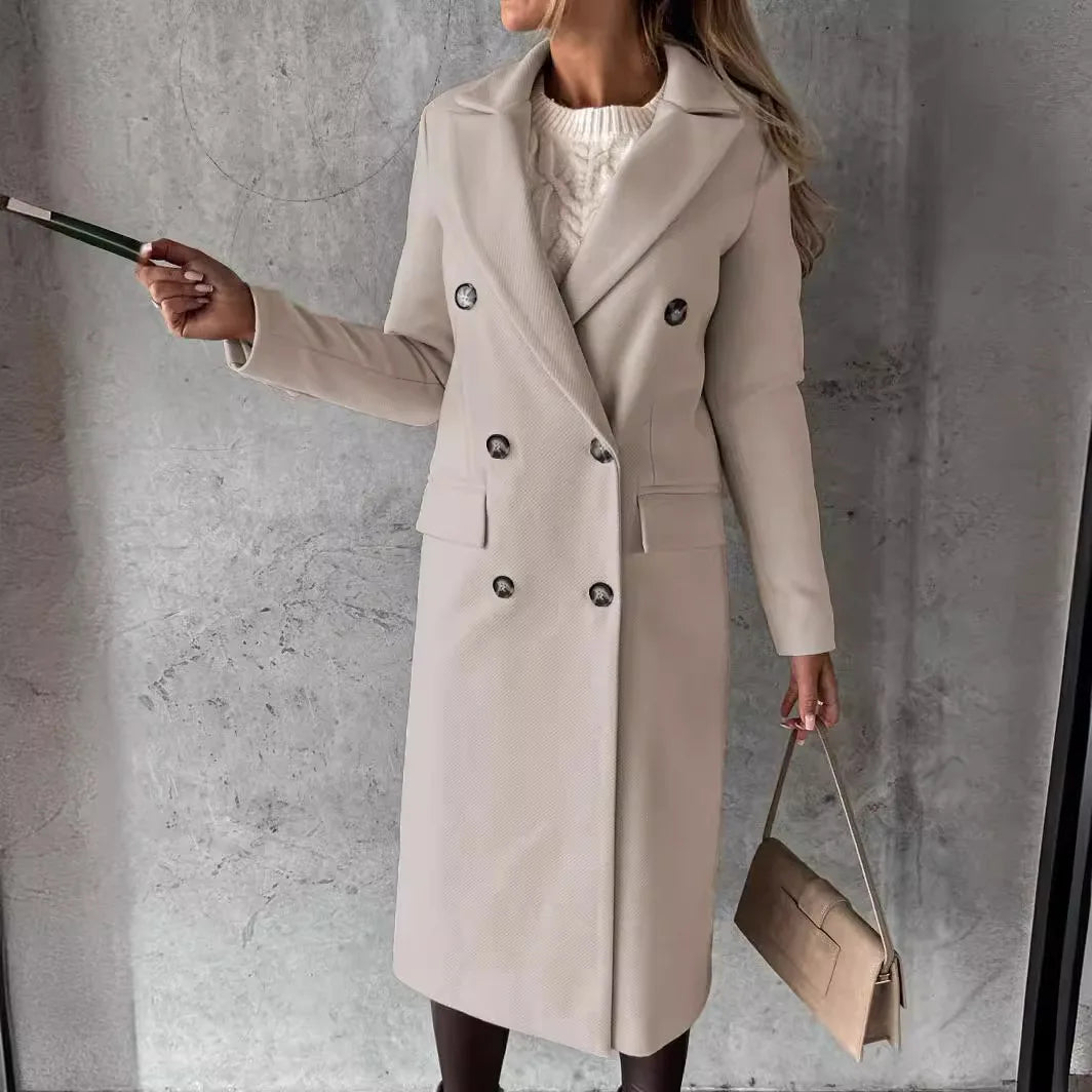Women's Longline Double Breasted Coat – Long Sleeve Lapel Collar Button Front