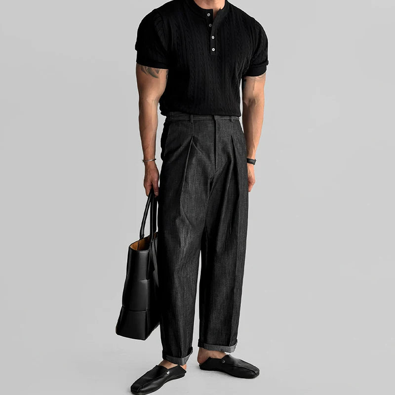 Mens Ribbed Texture Henley Polo Shirt