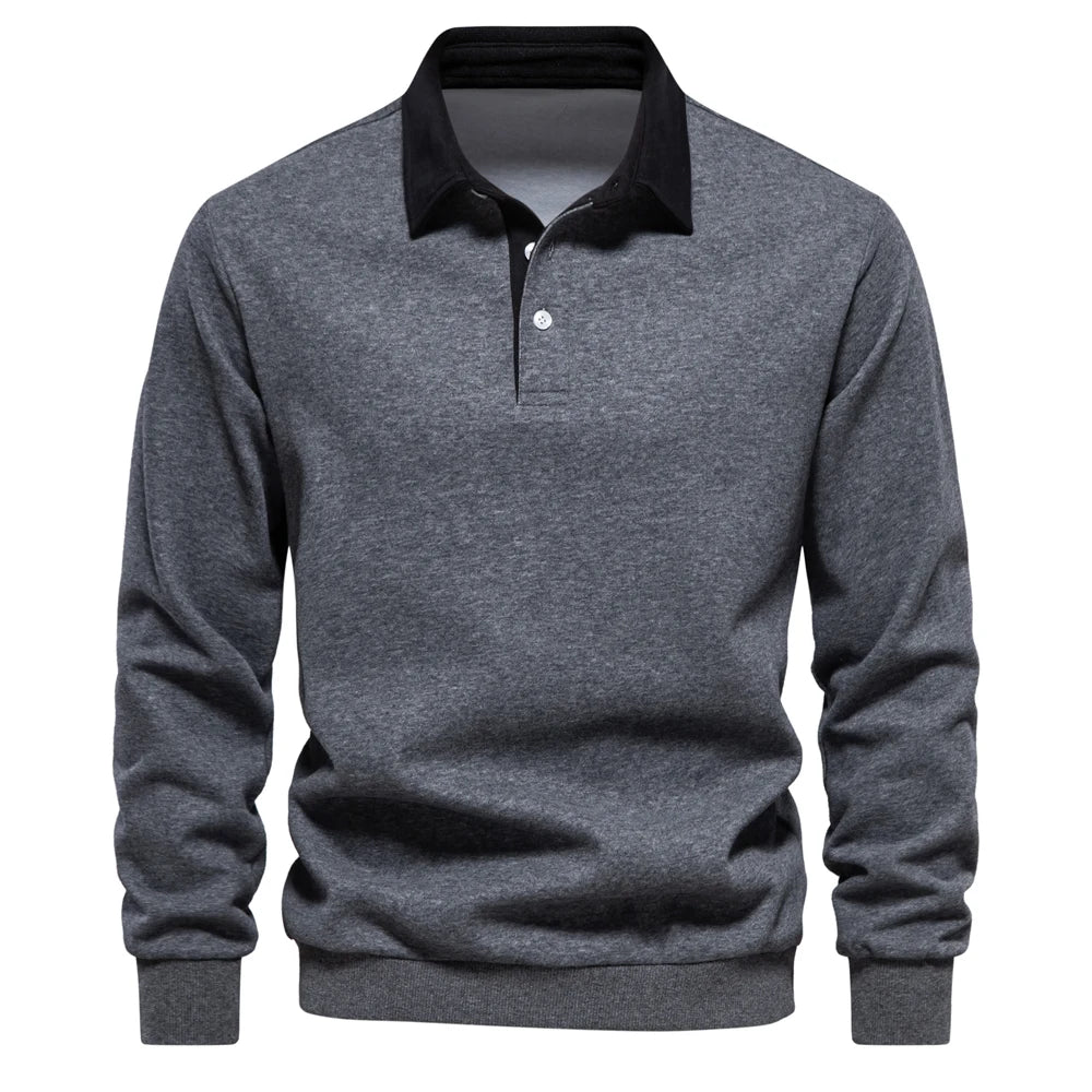 Men's Classic Collared Long Sleeve Polo Shirt with Ribbed Cuffs