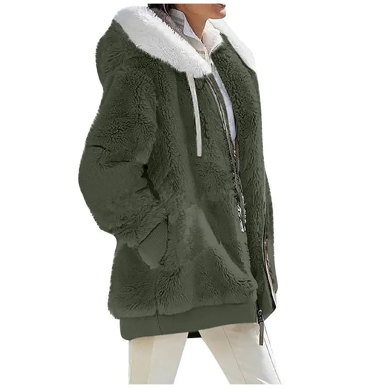 Women's Fleece Zip Up Teddy Coat – Hooded Plush Jacket for Cold Weather with Pockets