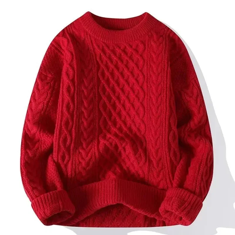 Men's Cable Knit Jumper with Textured Pattern and Ribbed Trims