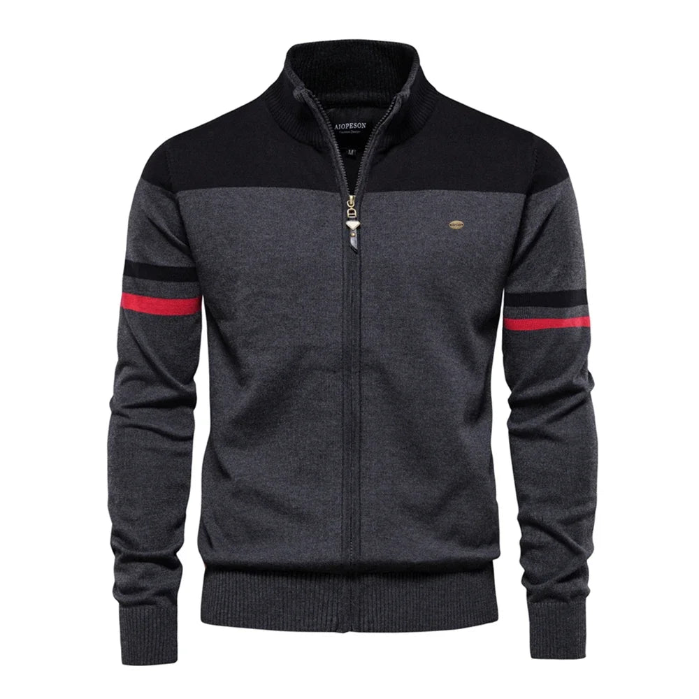 Men's Full Zip Jumper with Stand Collar – Long Sleeve Colour Block Knit