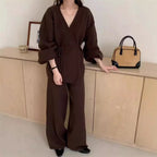 Women's Knitted Two Piece Set – V Neck Wrap Cardigan and Wide Leg Trousers